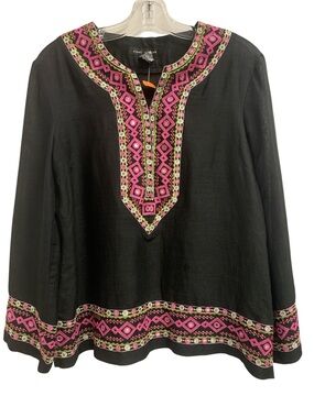Anne Carson Black Tunic Top with Pink Embroidered Trim Size L